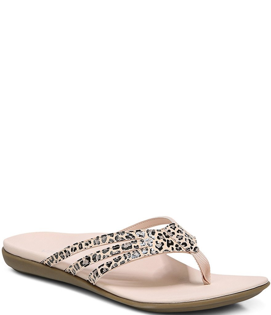 Vionic Alta Leopard Print Leather Thong Flat Sandals