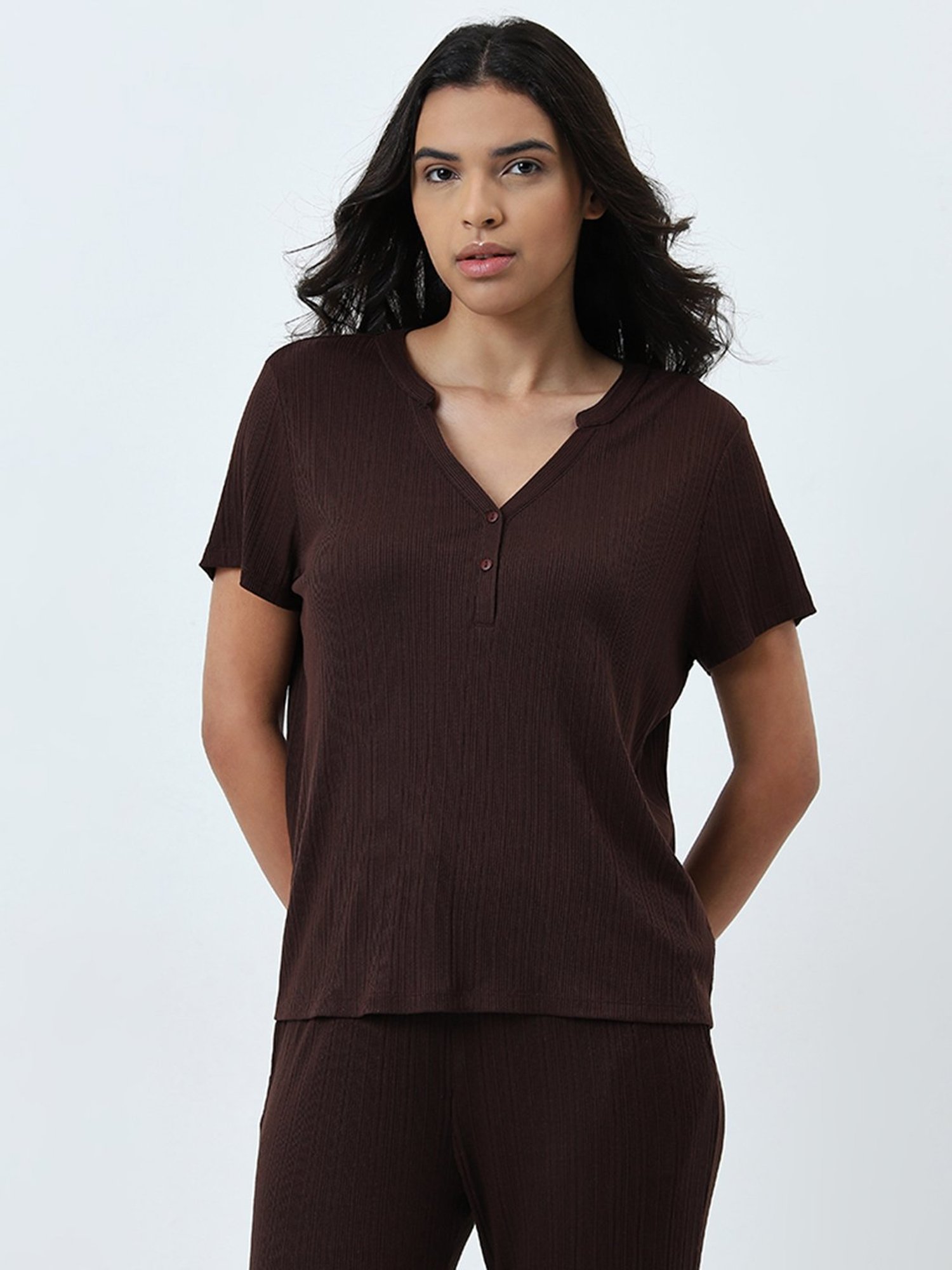 Wunderlove by Westside Dark Brown Textured Modal Supersoft T-Shirt