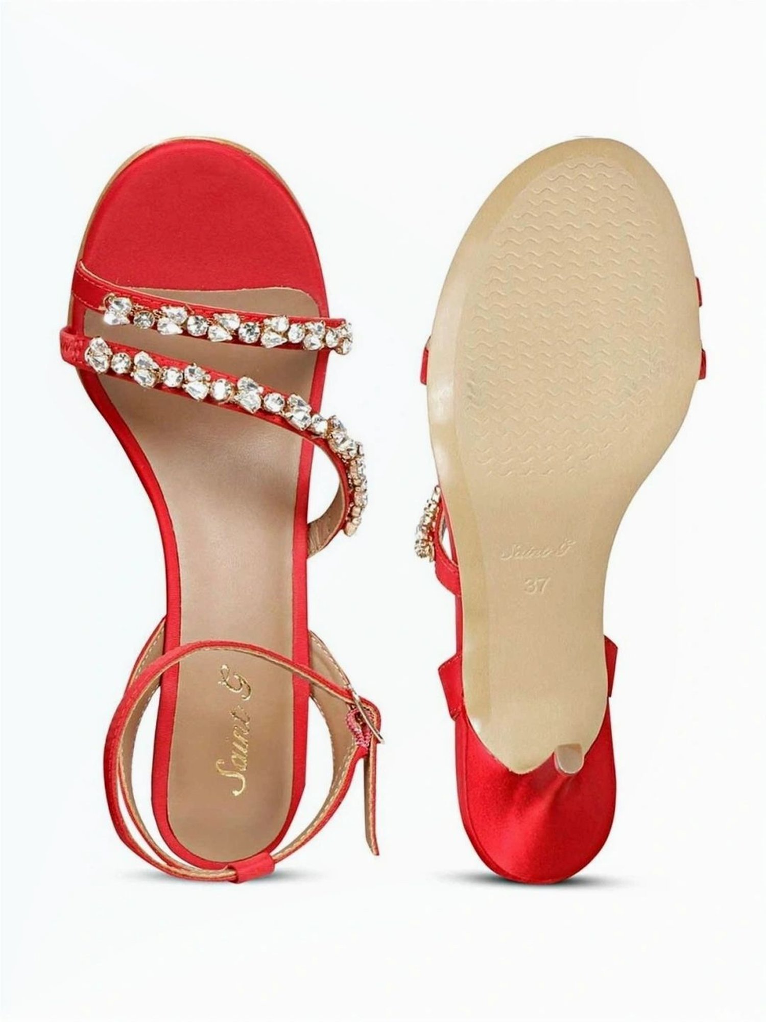 Saint G Women's Stone Embellished Red Ankle Strap Stilettos