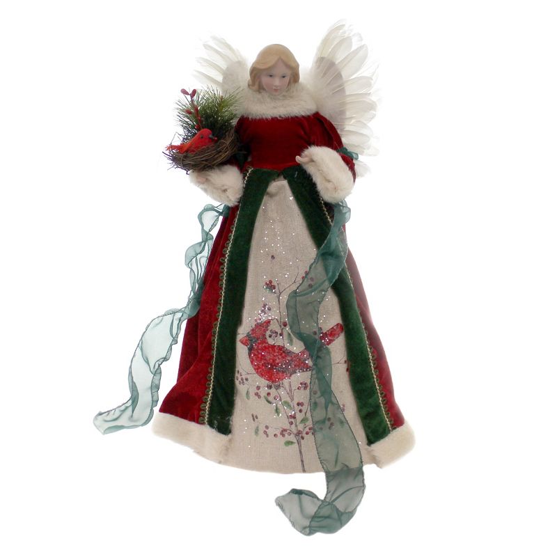 Christmas 19.0" Angel W/Cardinal Tree Topper Free Standing Feather Wings  -  Tree Toppers