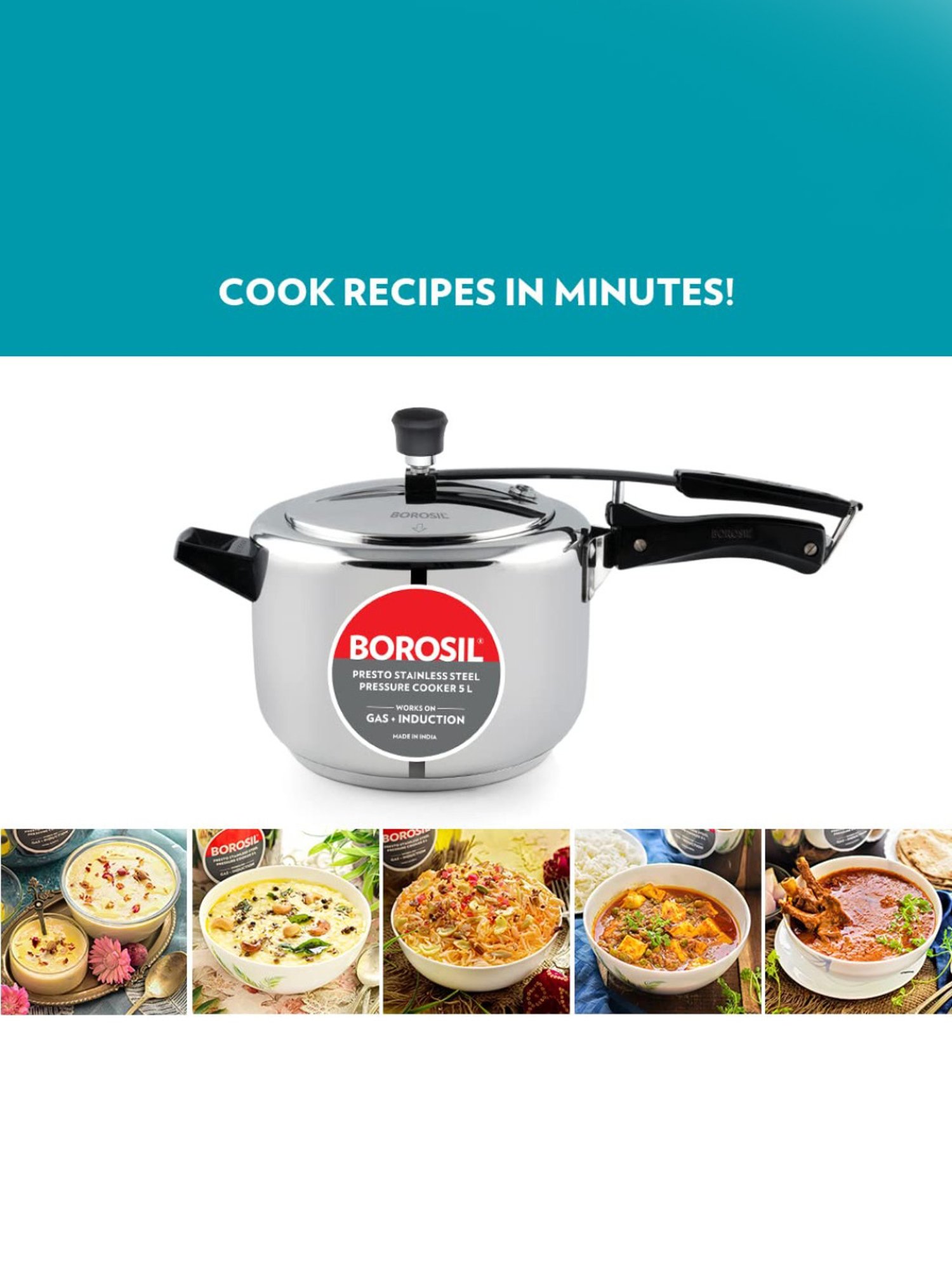 Borosil Presto Pressure Cooker with Induction Base Stainless Steel Inner Lid (Silver,5L)