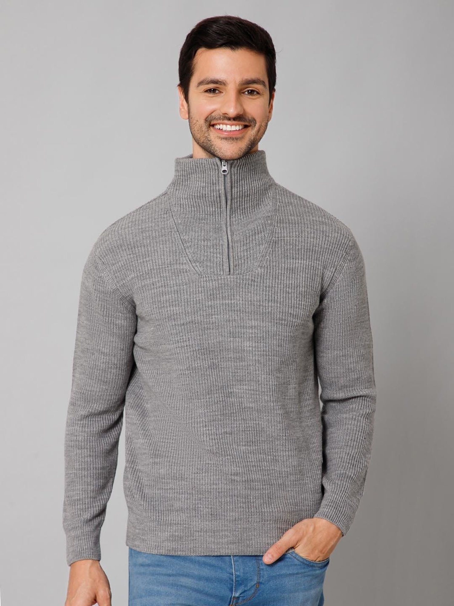 Cantabil Grey Melange Regular Fit Sweater