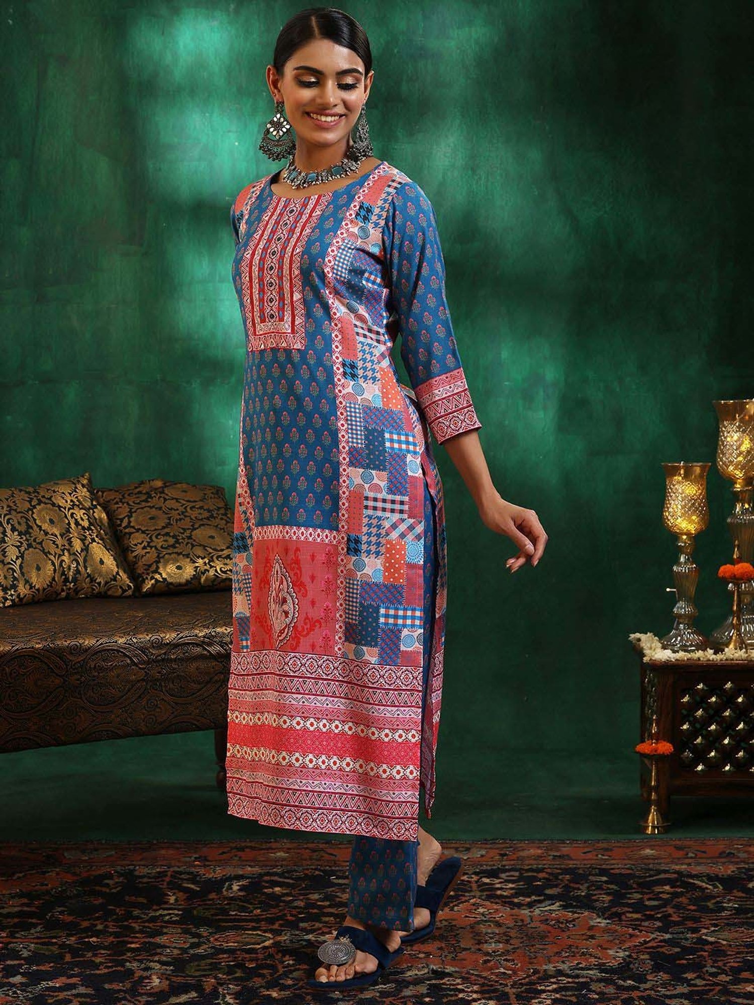 Libas Blue & Pink Linen Printed Kurta Pant Set With Dupatta