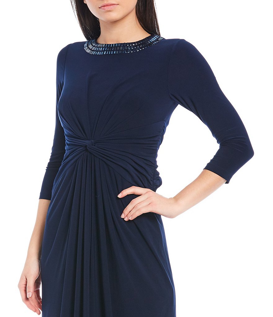 Adrianna Papell Beaded Round Neck 3/4 Sleeve Twist Front Jersey Gown