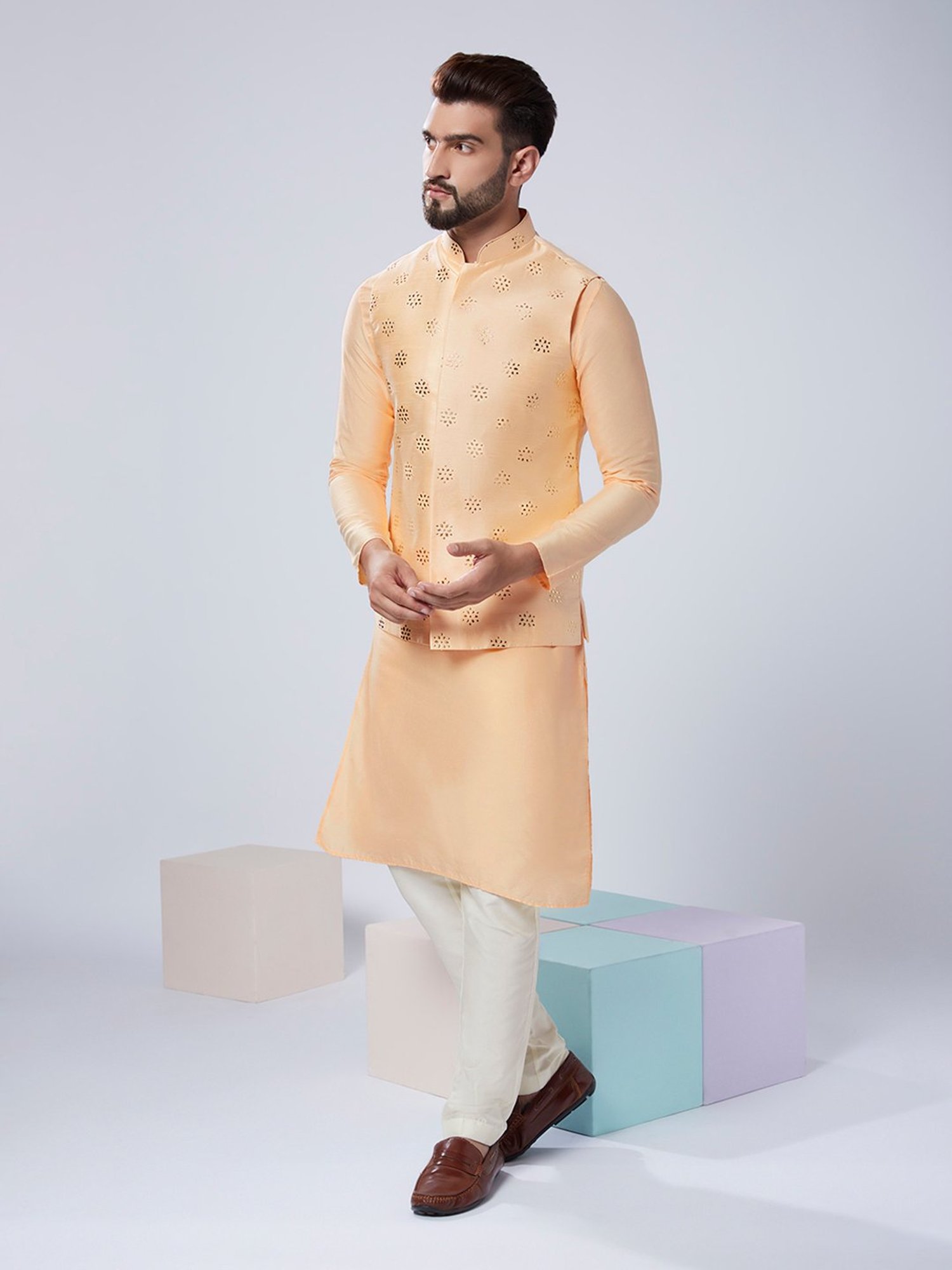 KISAH Nude & Off White Regular Fit Embellished Kurta & Pants With Nehru Jacket