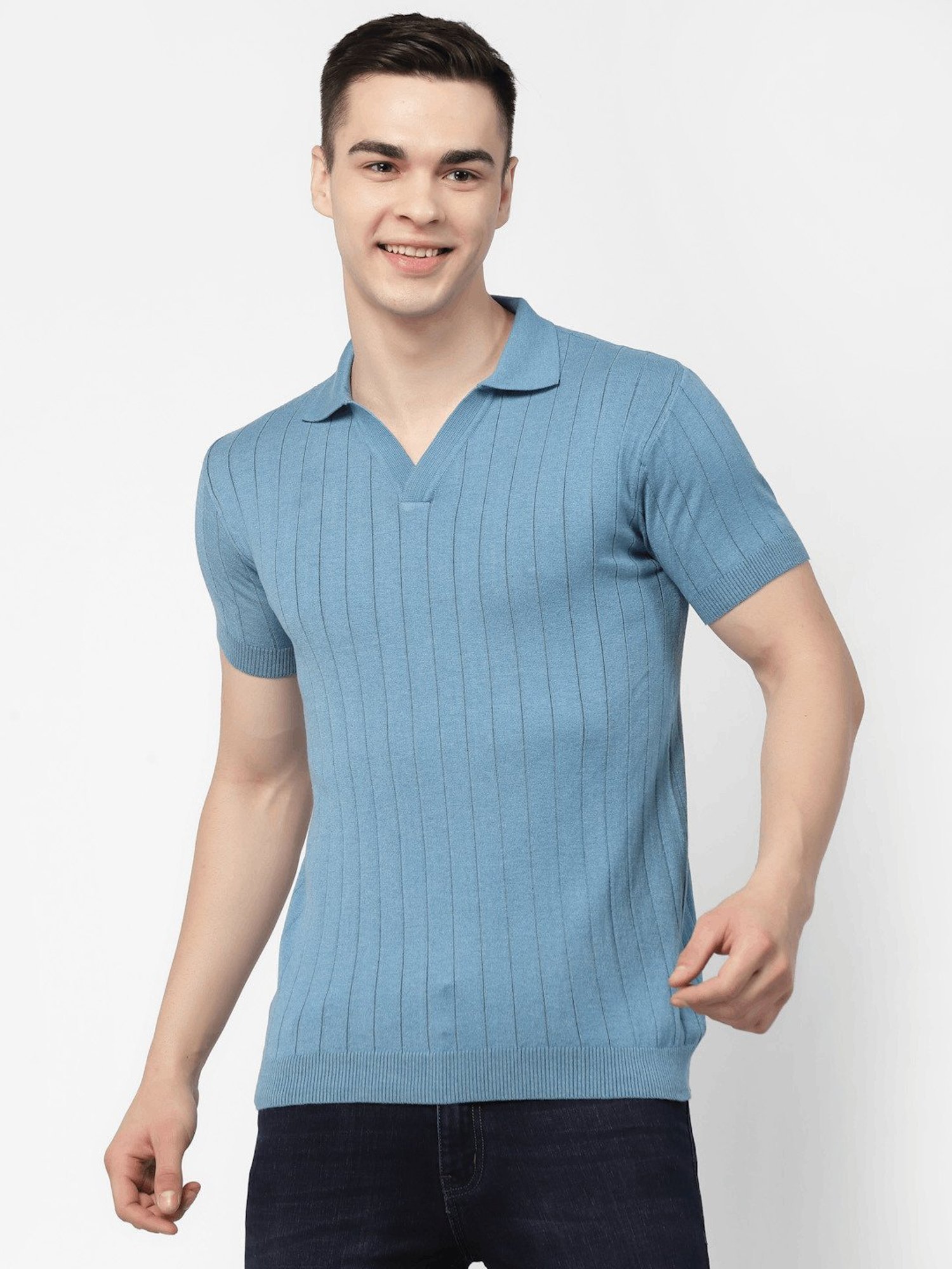Kalt Light Blue Regular Fit Striped Polo T-Shirt