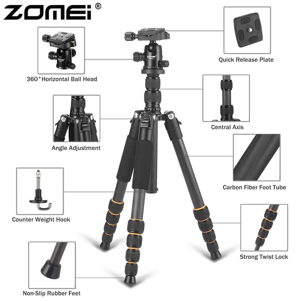 Q666C Professional travel portable carbon fiber tripod Monopod&Ball head for DSLR digital camera stand