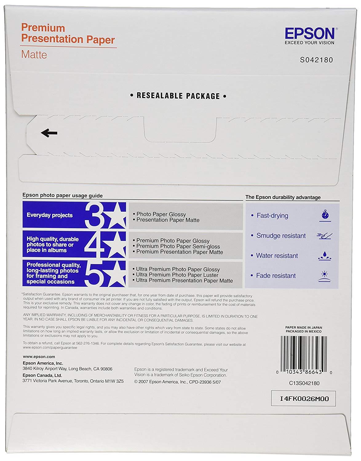 Epson Premium Presentation Paper MATTE (8.5x11 Inches, 100 Sheets) (S042180)