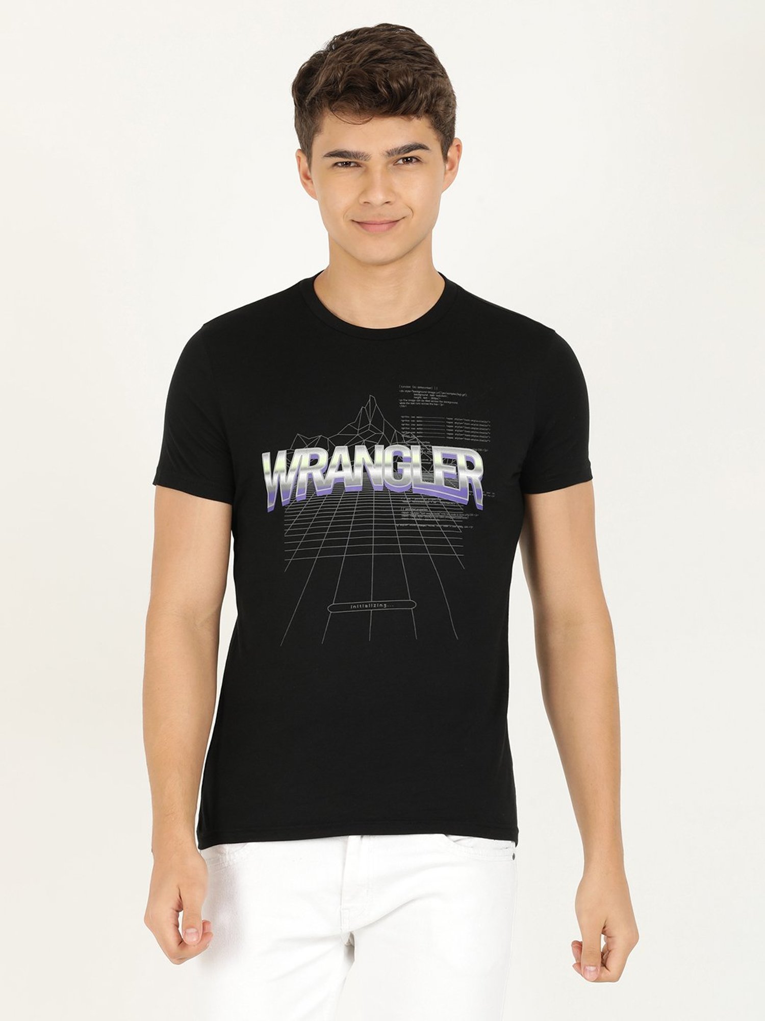 Wrangler Jet Black Cotton Regular Fit Printed T-Shirt