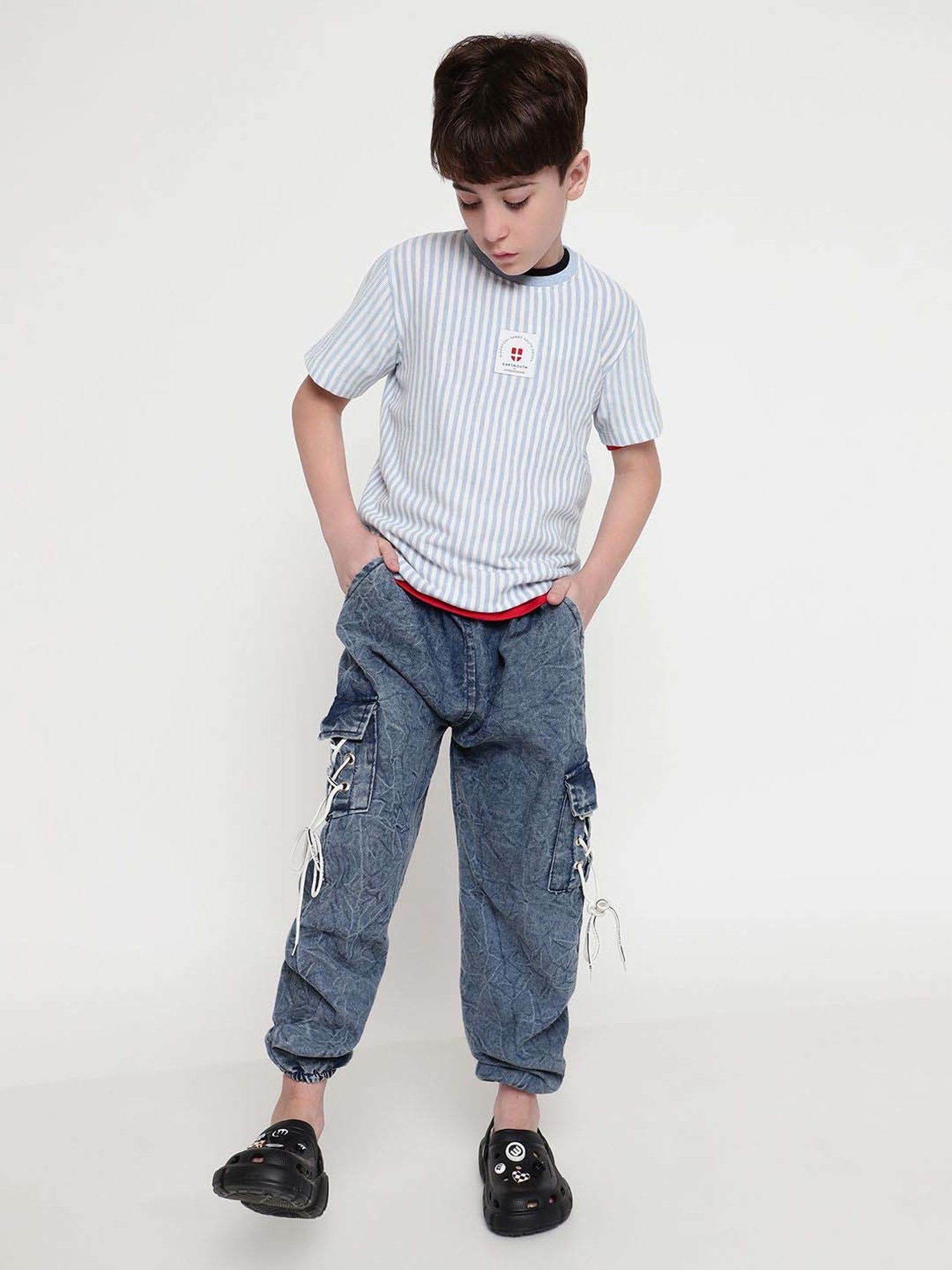 Octave Kids Sky Melange Cotton Striped T-Shirt