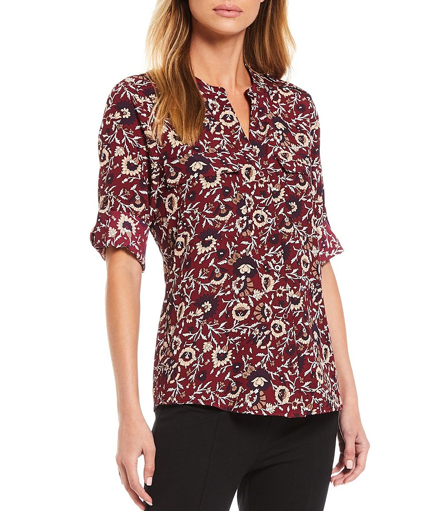 Preston & York Caroline Bow Woven V-Neck 3/4 Sleeve Blouse