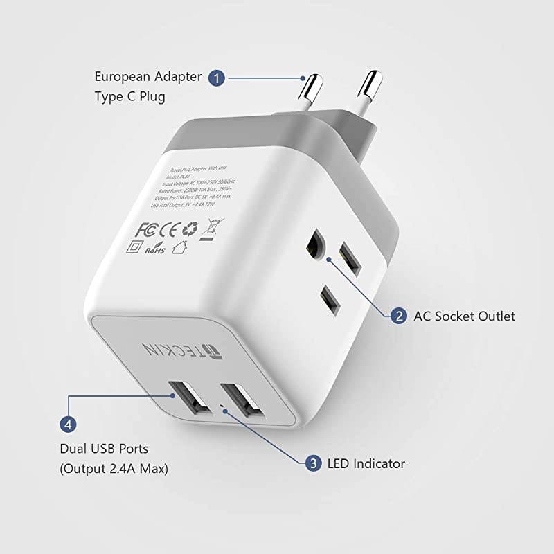 Travel Plug Adapter 2 Pack TECKIN International Travel Power Converter for Europe, Outlet Adaptor with 2 USB, US to EU Germany, Spain, France, Italy, Denmark, Iceland (Type C)