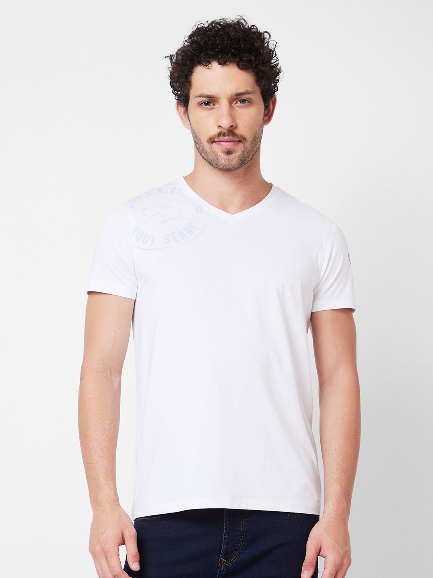 Spykar White Slim Fit Printed V-Neck T-Shirt