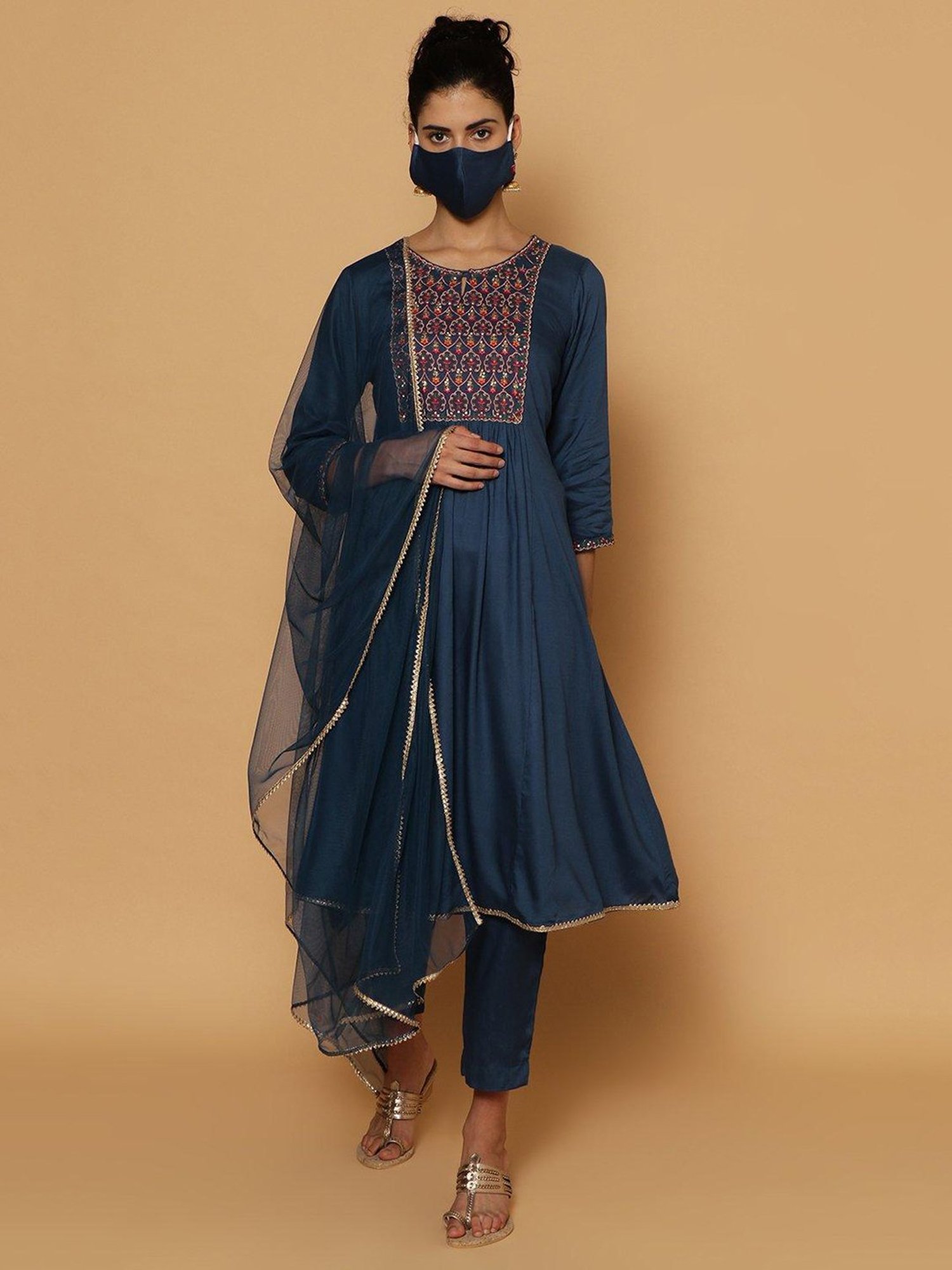 Biba Blue Embellished Kurta With Pant & Dupatta