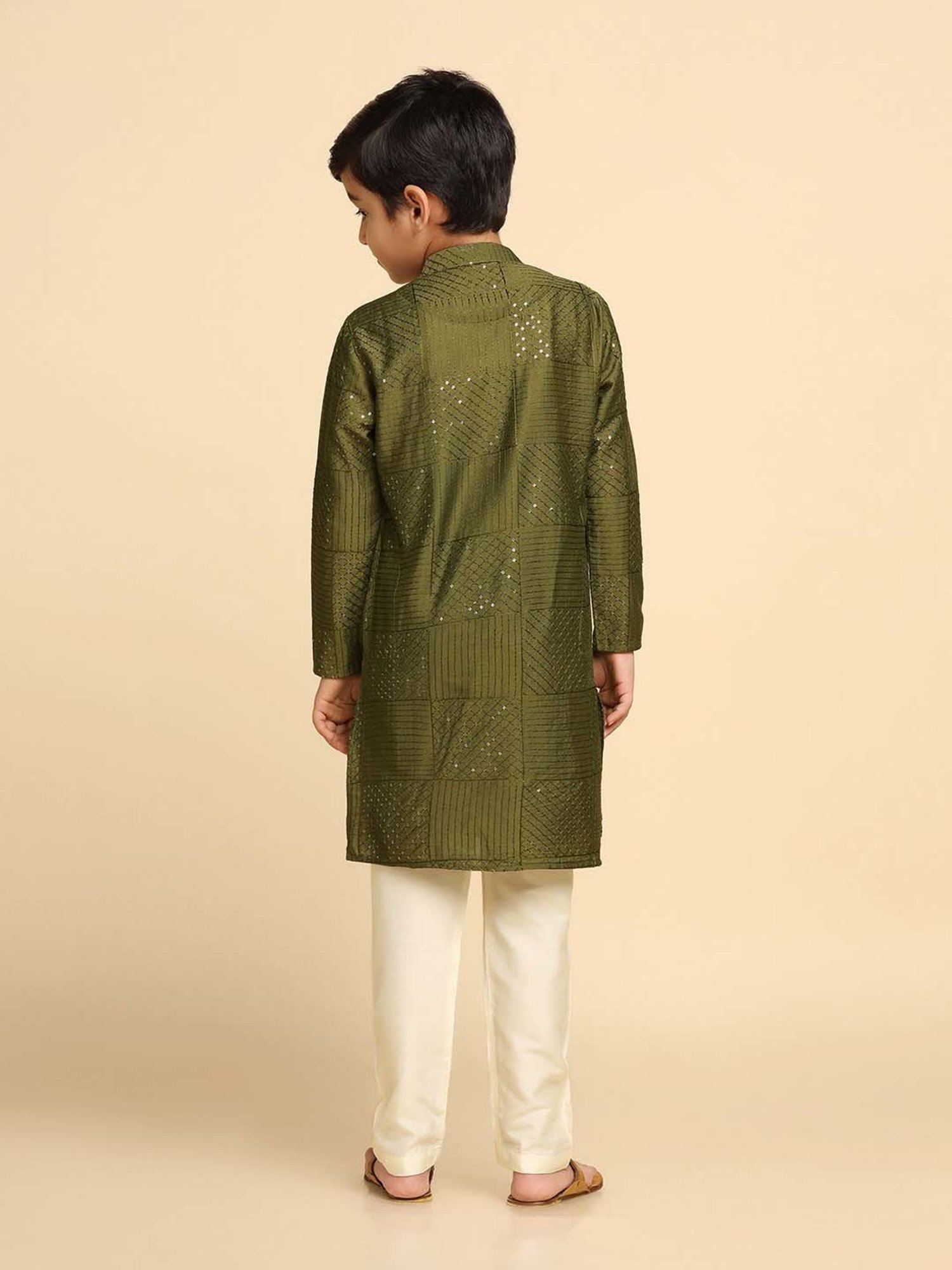 KISAH Kids Olive & White Cotton Embroidered Full Sleeves Kurta Set