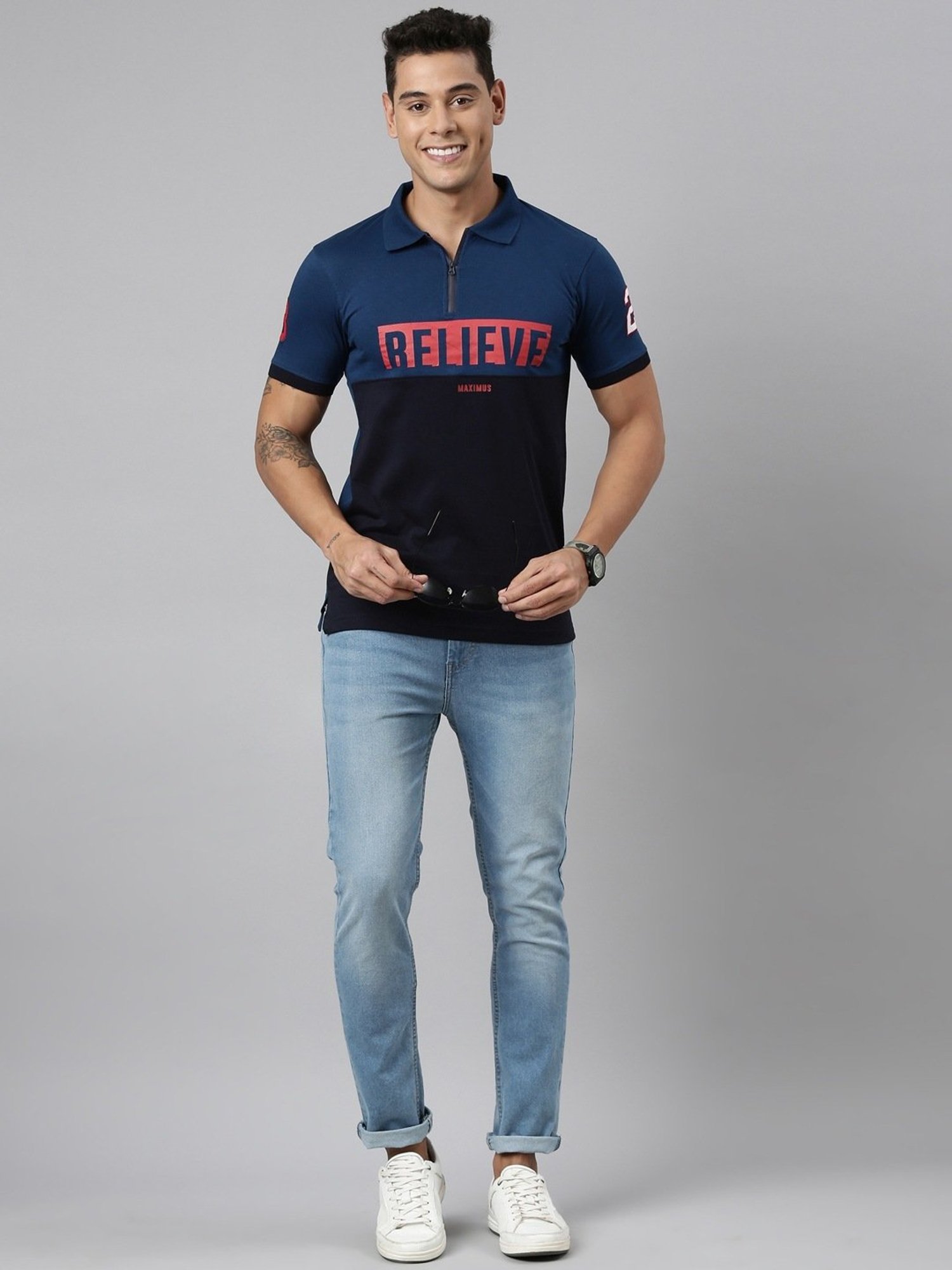 Dixcy Scott Maximus Blue Cotton Regular Fit Printed Polo T-Shirt