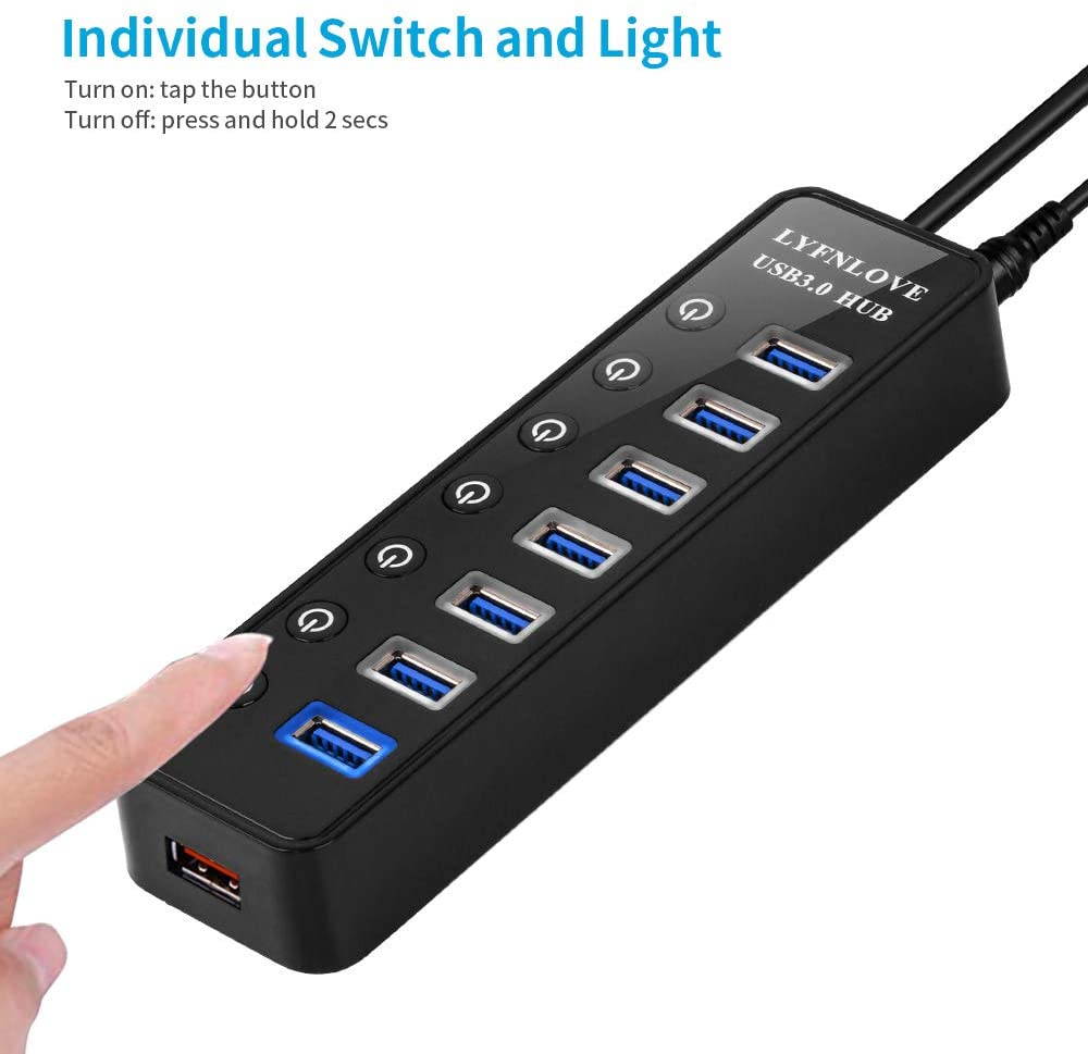 Powered USB 3.0 Hub, 7-Port Data USB Hub with Power Adapter and One Smart Charging Port, USB Splitter with Individual On/Off Switches for MacBook, Mac Pro/Mini, iMac, Surface Pro Laptop/PC