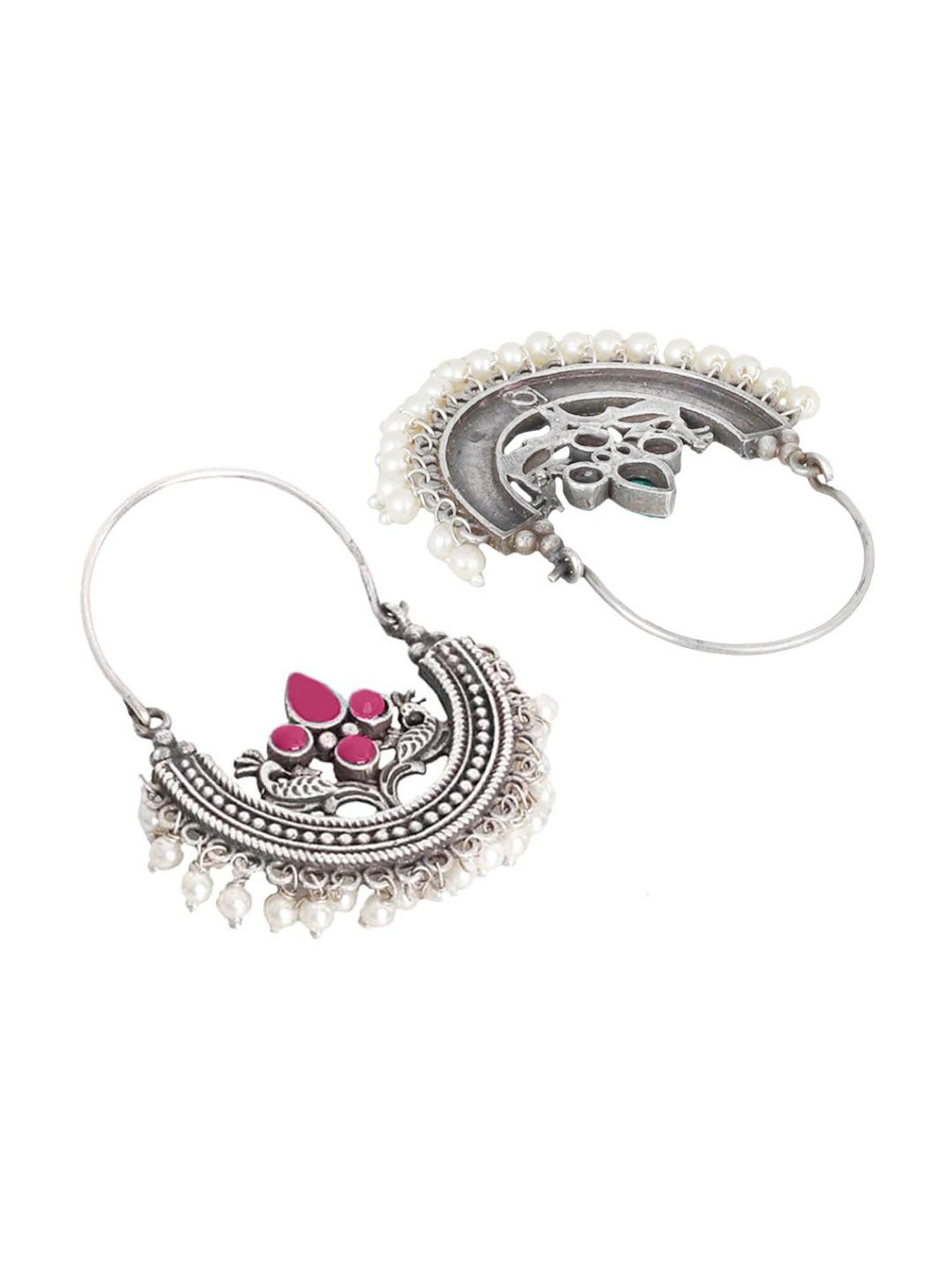 Teejh Saara Floral Pearl & Red Stone Bali Earrings