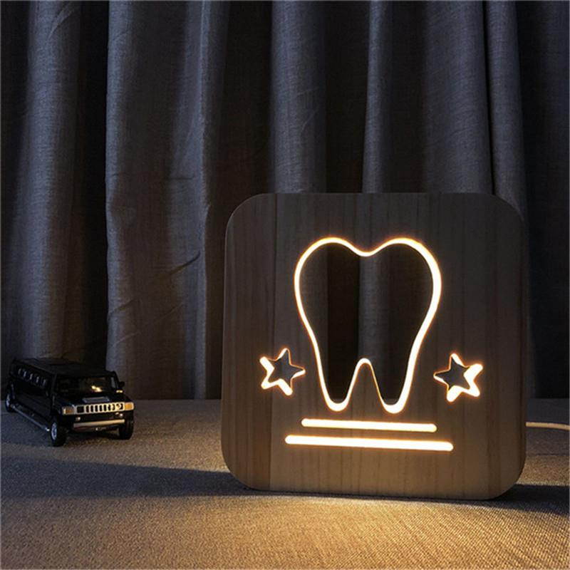 3D Tooth Wooden Carving Decoration Night Lamp Baby Room as Sleeping Night lighting or Gift Decoration LED Table Lamp Drop Ship