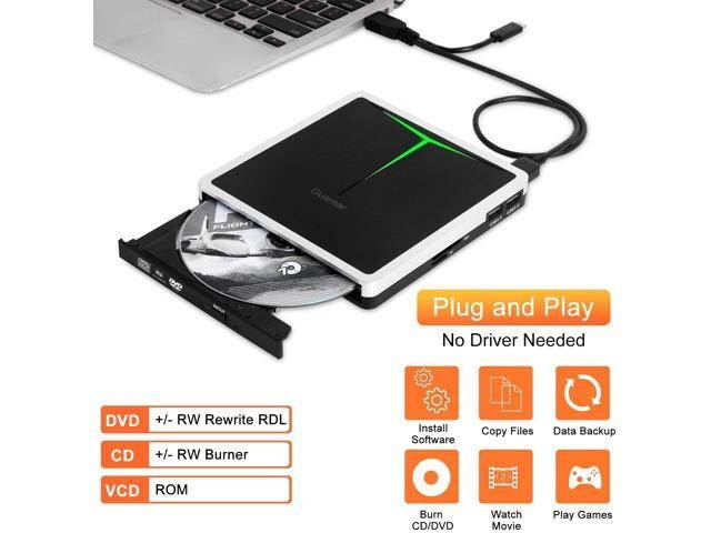 External CD DVD Drive Guamar 5 in 1 USB 3.0 USB C CD DVD Drive CD Player Burner Writer Optical Drive Compatible with Laptop/MacBook/Windows/PC Supports SD Card/TF Card/2 USB 3.0 Transfers (Silver)