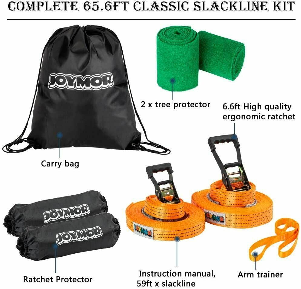 JOYMOR Slackline Kit Extra Longer 65 Feet Upgraded Slackline with Training Line