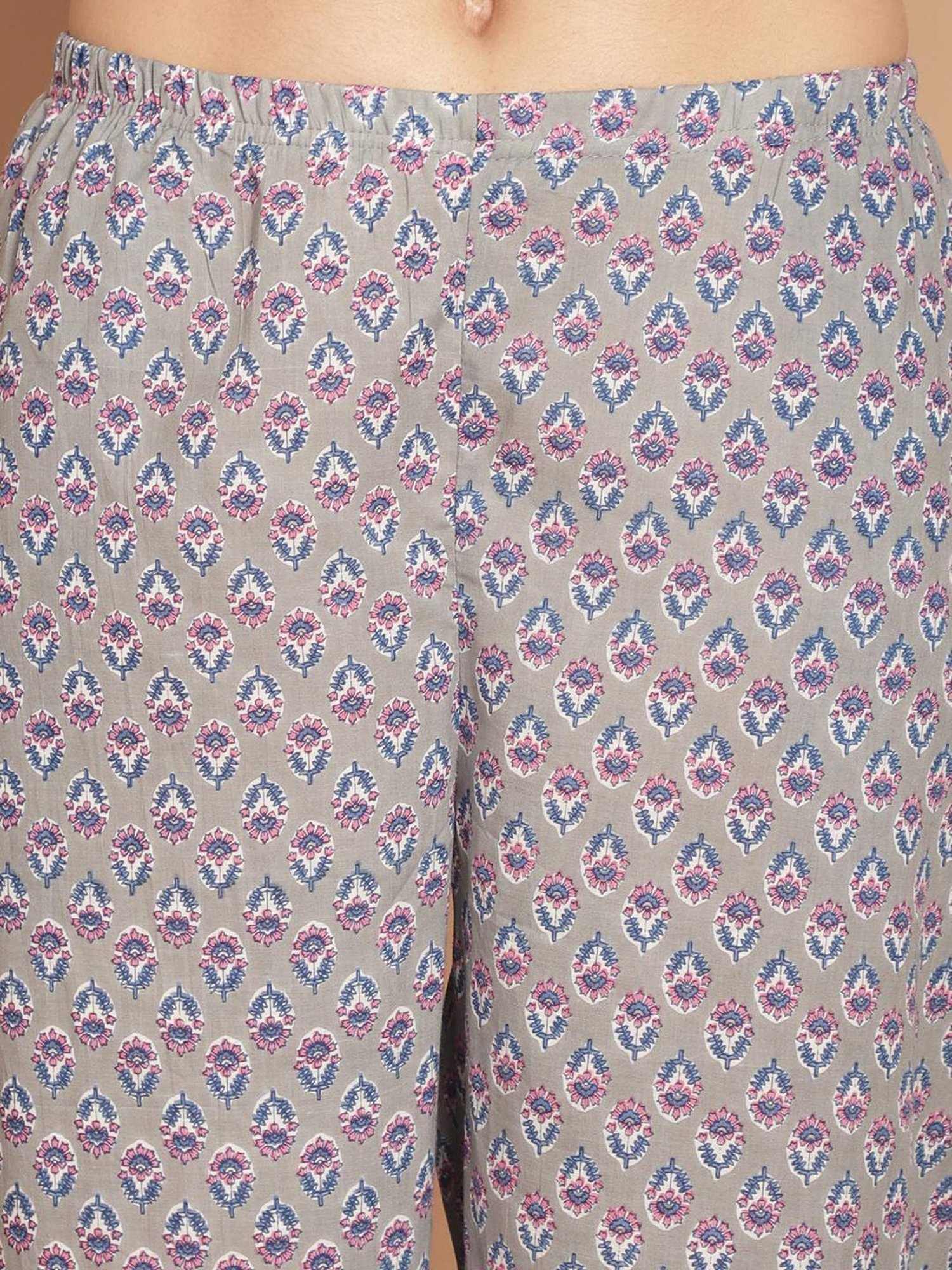 Kanvin Grey Cotton Printed Tunic Pyjamas Set