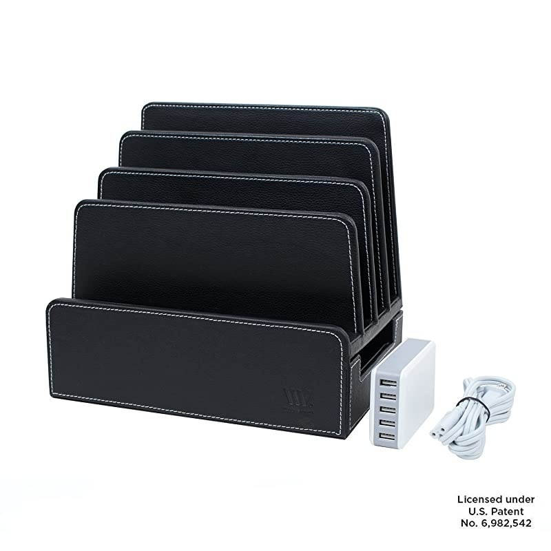 Charging Station Slim Black Faux Leather Executive Multi Device Organizer for Smartphones Tablets & Laptops Includes Charging Strip Combo