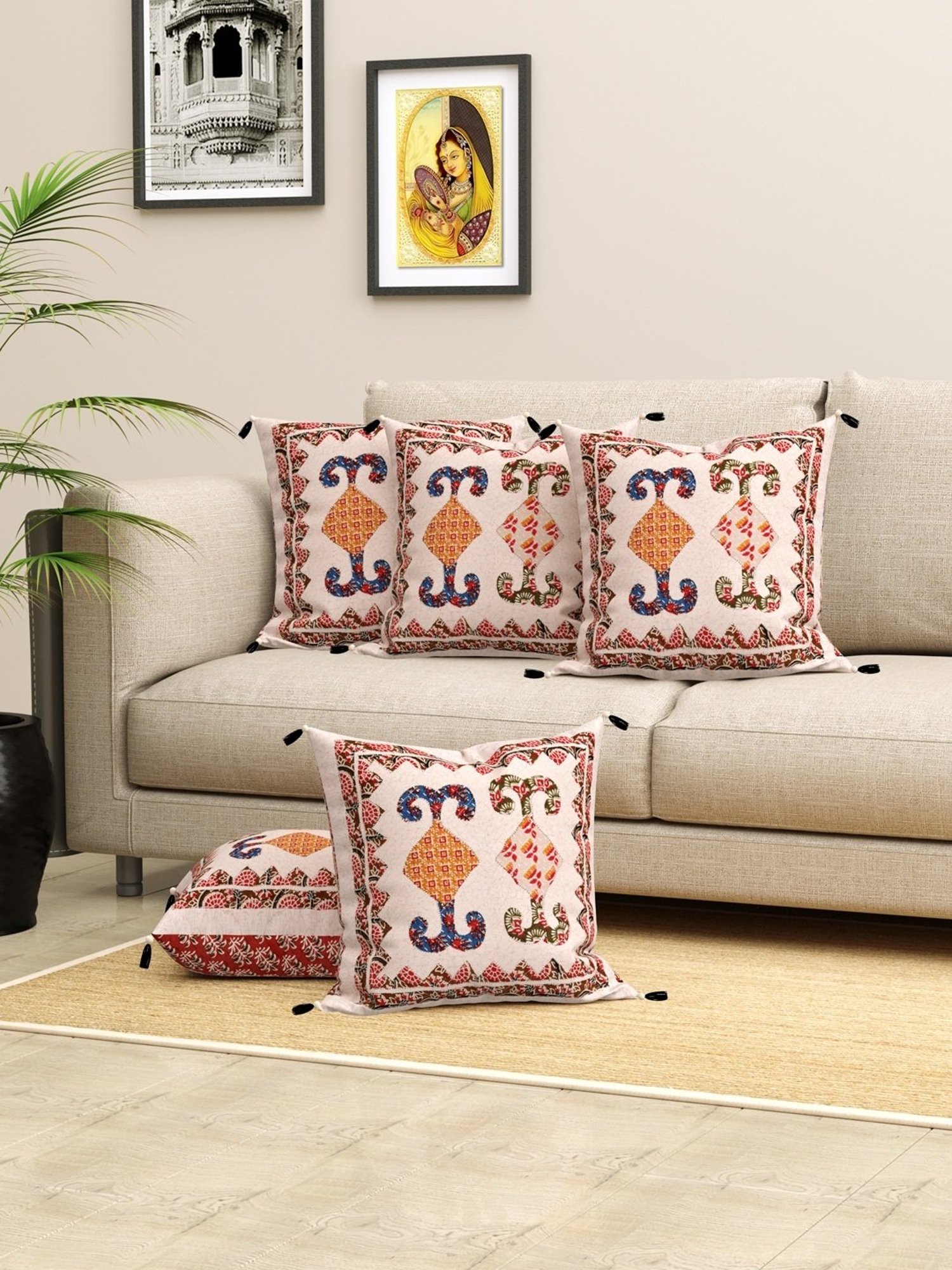 Living Roots Jaipuri Multicolor Cotton Cushion Covers - Set of 5