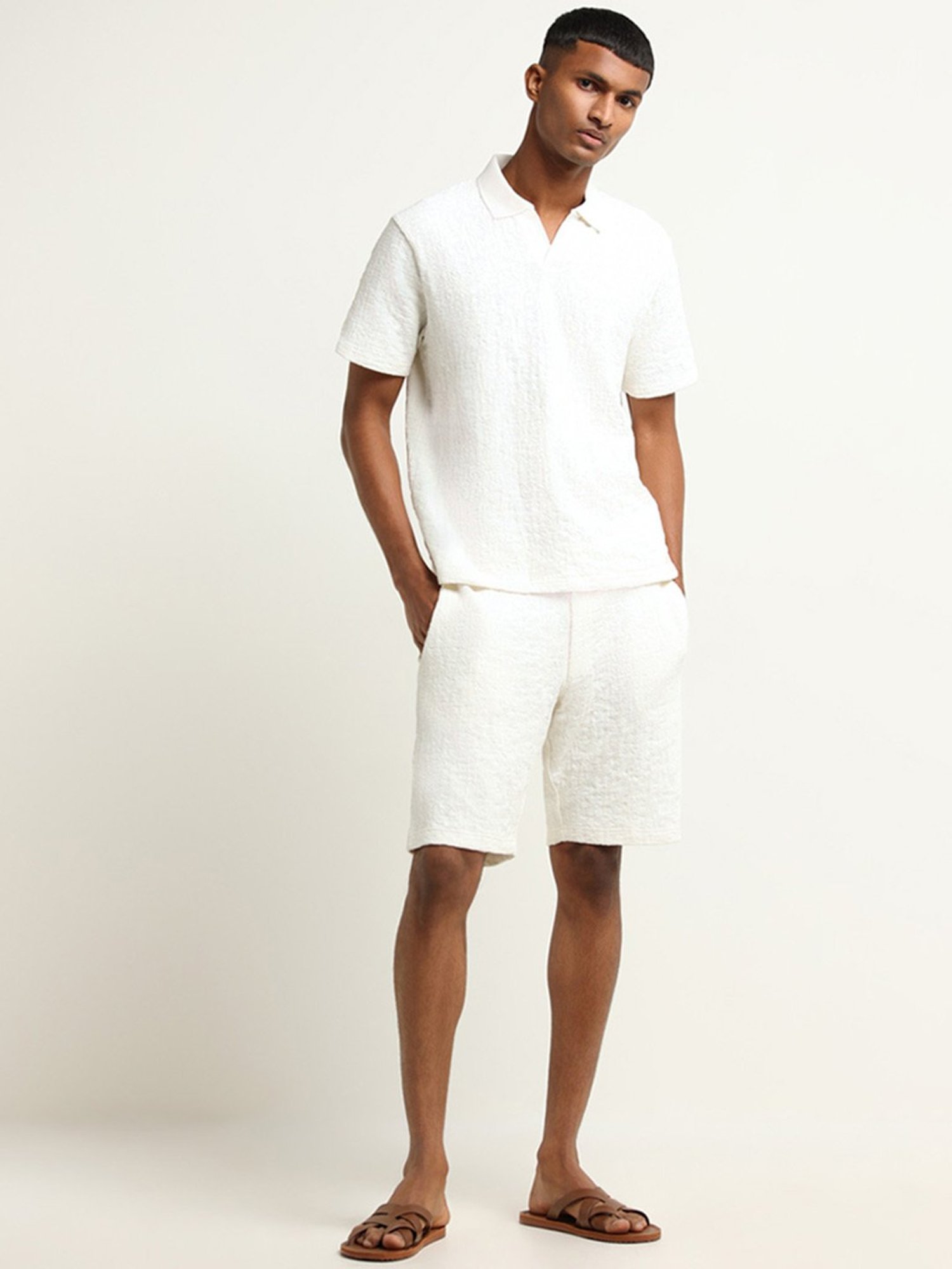 ETA by Westside White Mid-Rise Textured Relaxed Fit Shorts