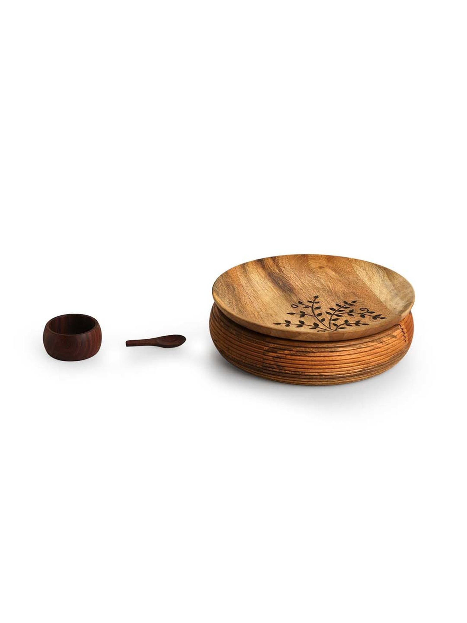 ExclusiveLane Light Brown Mango Wood Burnt Leaf Handcrafted Spice Box with Spoon & Containers