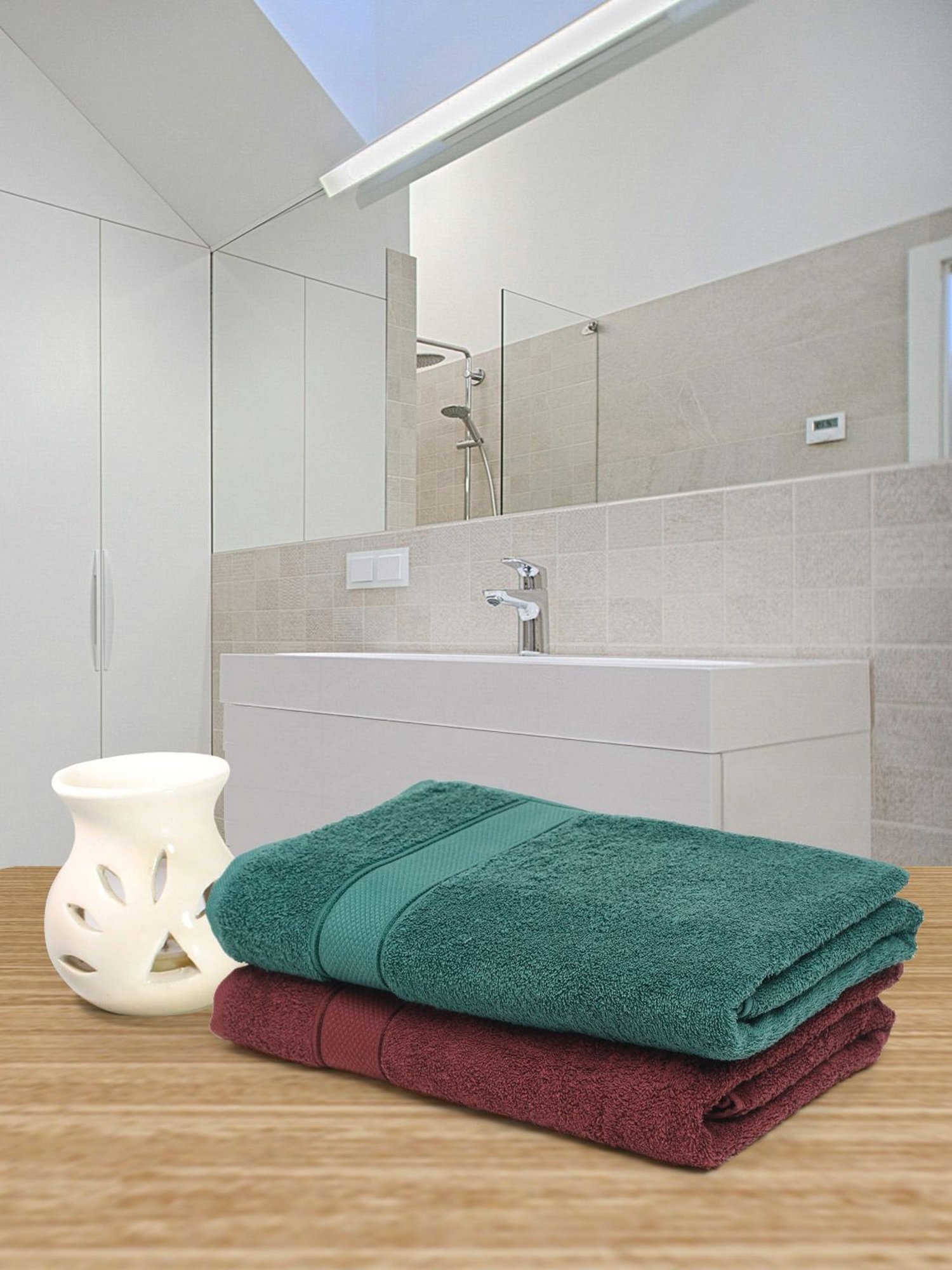Creeva Wine & Dark Green 525 GSM Cotton Bath Towel Set of 2