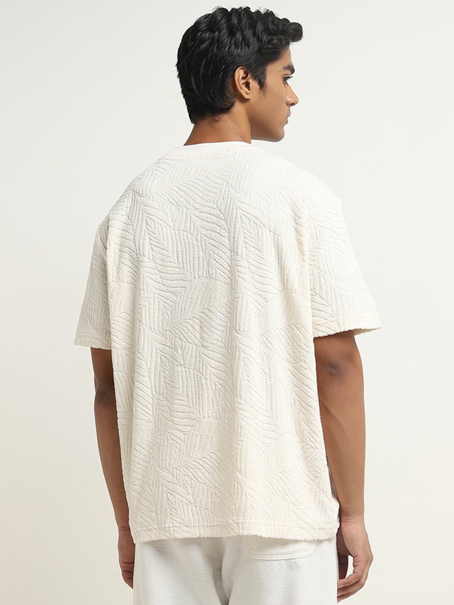 ETA by Westside Off-White Self-Textured Relaxed-Fit Cotton T-Shirt