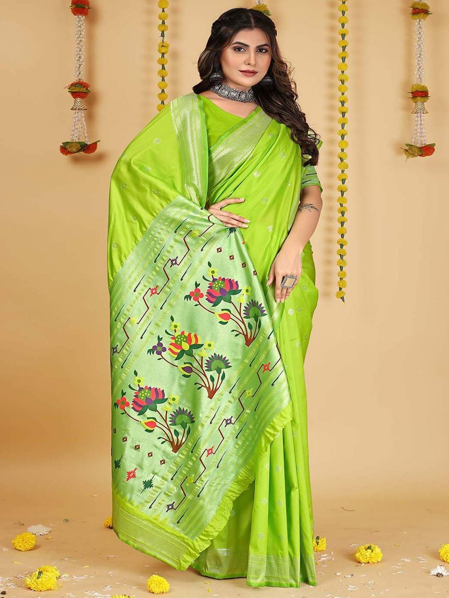 SHUBHKALA Green Silk Woven Saree With Unstitched Blouse