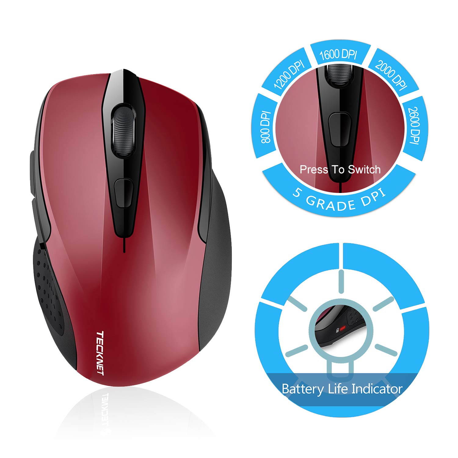TeckNet 2600DPI Bluetooth Wireless Mouse, 24 Months Battery Life with Battery Indicator, 2600/2000/1600/1200/800DPI (Black)
