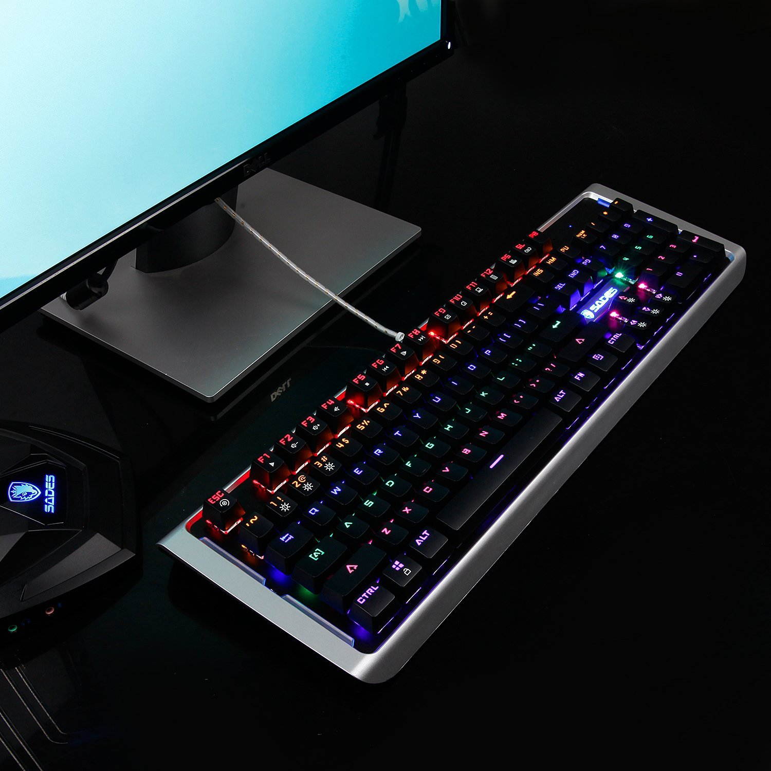 SADES K12 PC Mac Mechanical Gaming Keyboard USB Wired Backlight Metal Panel with Blue Swiches (Black&Silver)