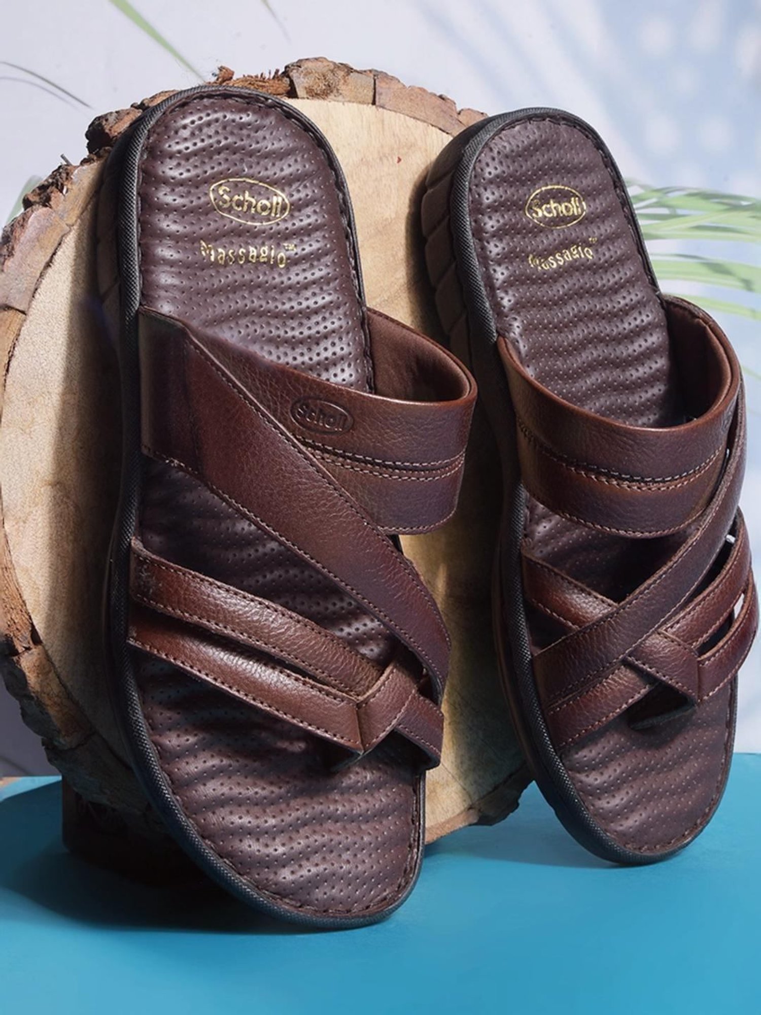 Scholl by Bata Men's NW ERIC Brown Cross Strap Sandals