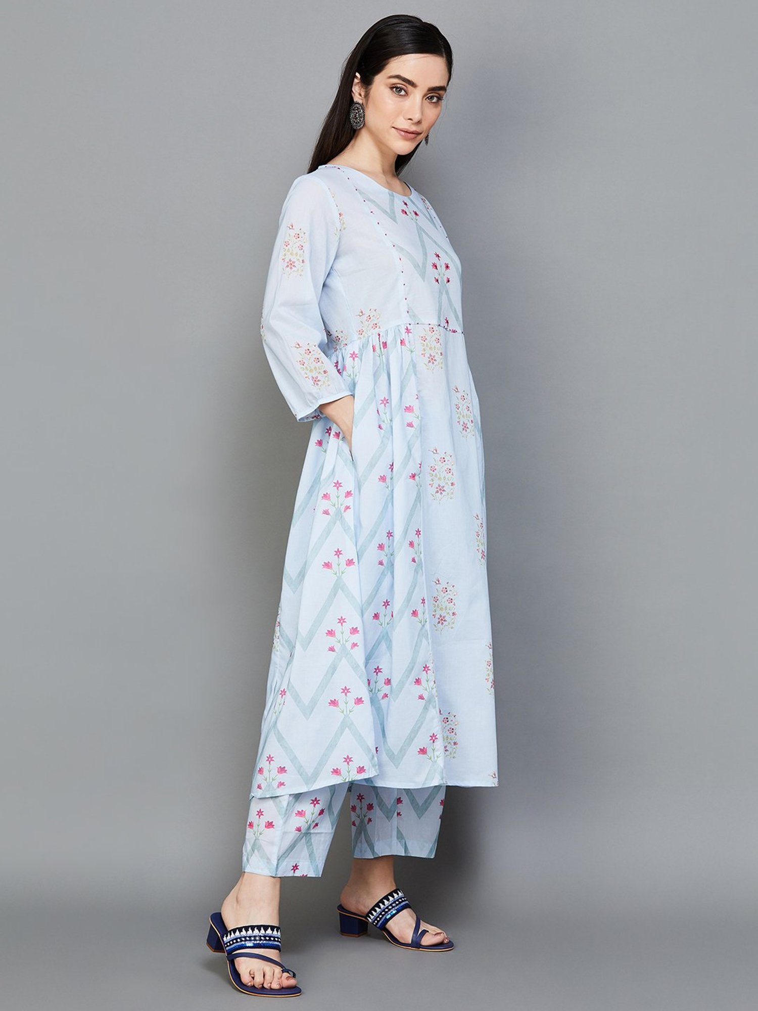 Melange by Lifestyle Blue Cotton Printed Anarkali Palazzo Set