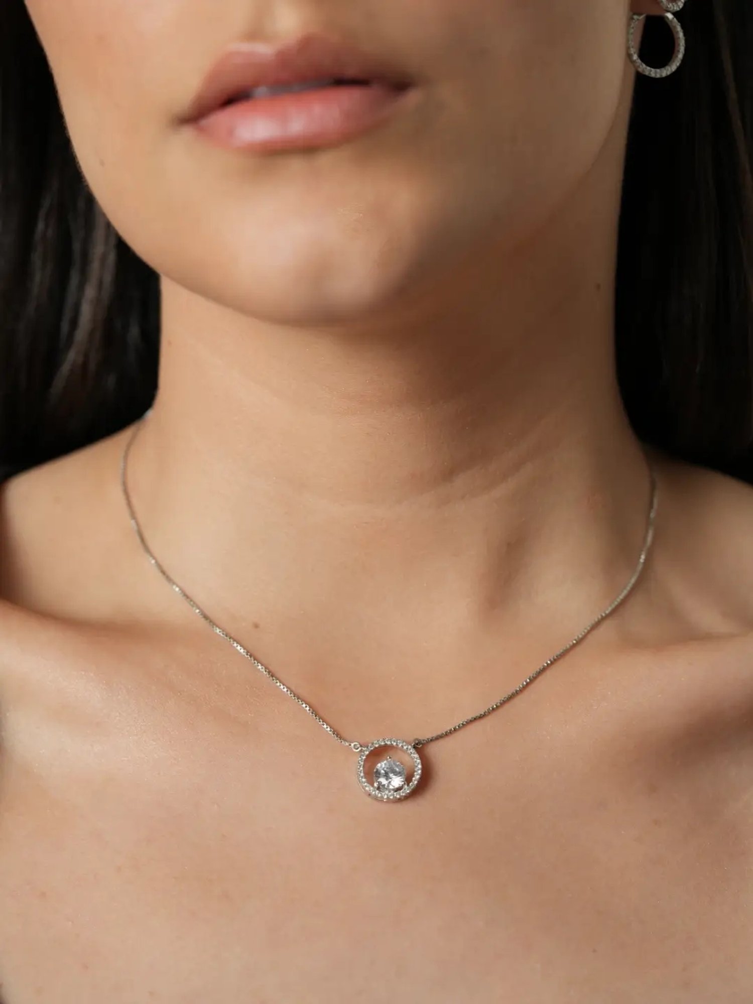 Mabel 92.5 Sterling Silver Rhodium-Plated Studded Solitaire Eye Necklace