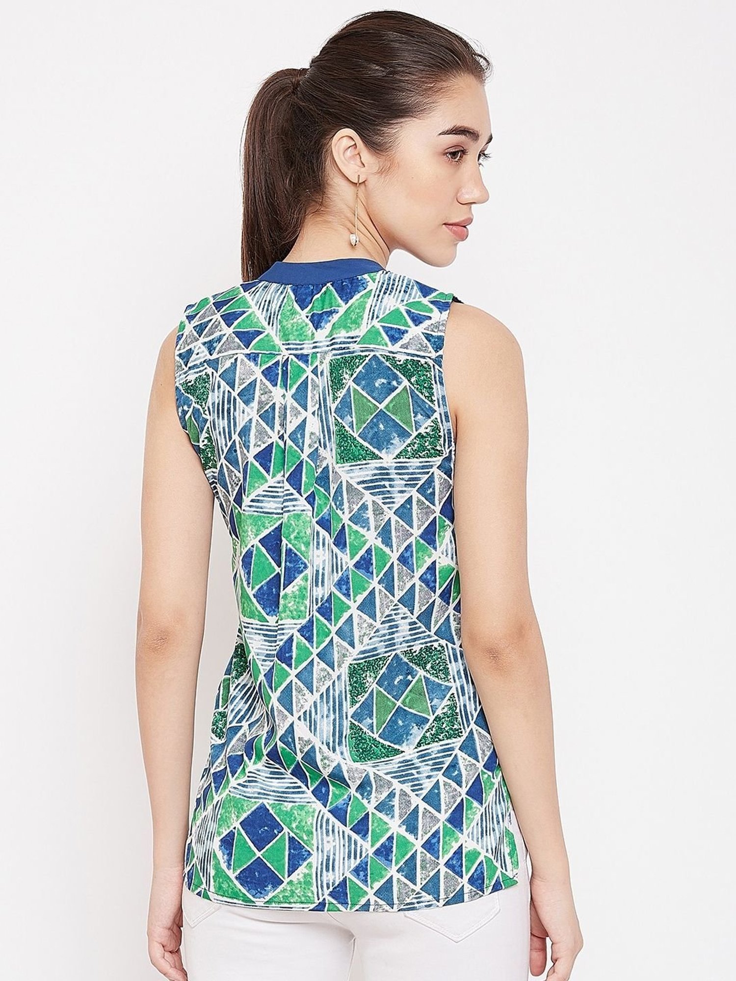 PURYS Blue Geometric Print Top