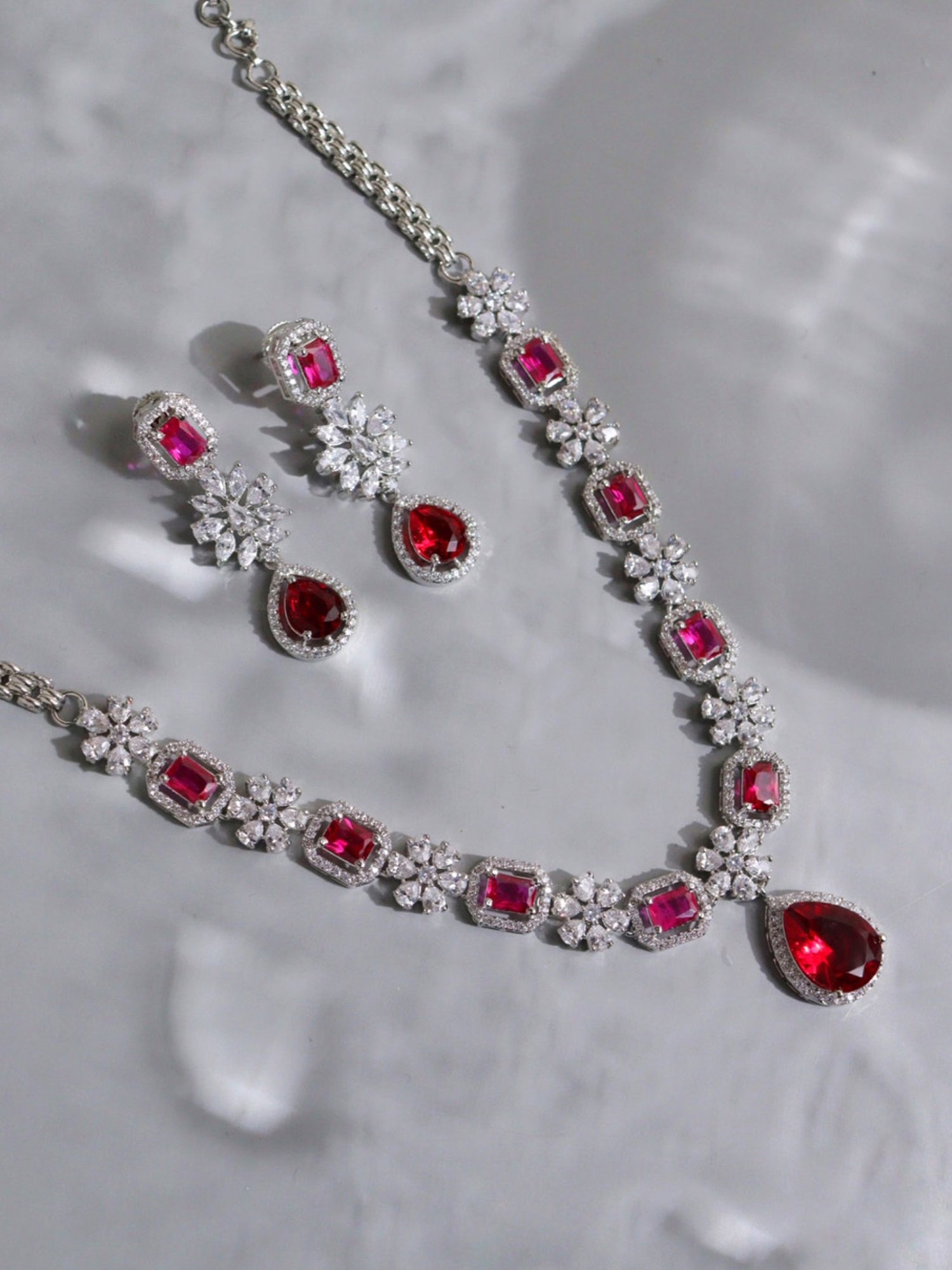 Curio Cottage Diamante Rubilite Pink Drop Cubic Zirconia Necklace Set