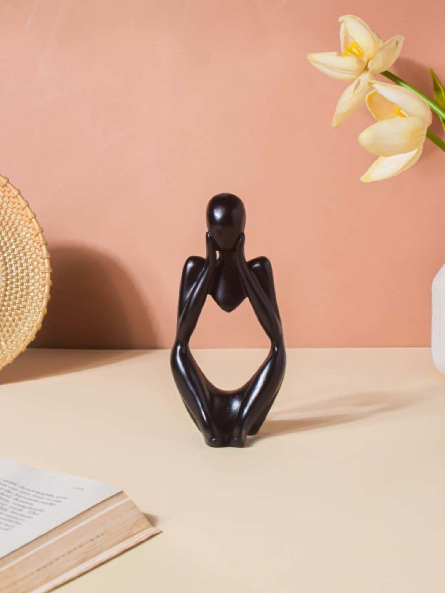 Nestasia Black Resin Smooth Finish both hand Thinking Human Sculptures for Decoration (5.1 Inch)