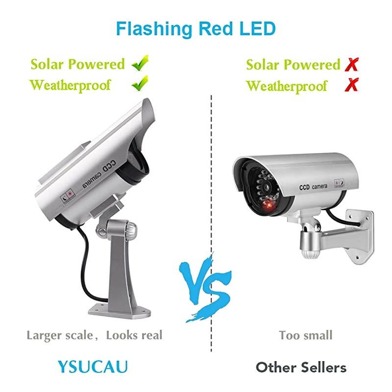 Solar Powered Bullet Dummy Fake Camera Surveillance Security CCTV Dome Camera with Flashing Red LED Light & Warning Security Alert Sticker Decals Outdoor/Indoor Use (1 Pack)
