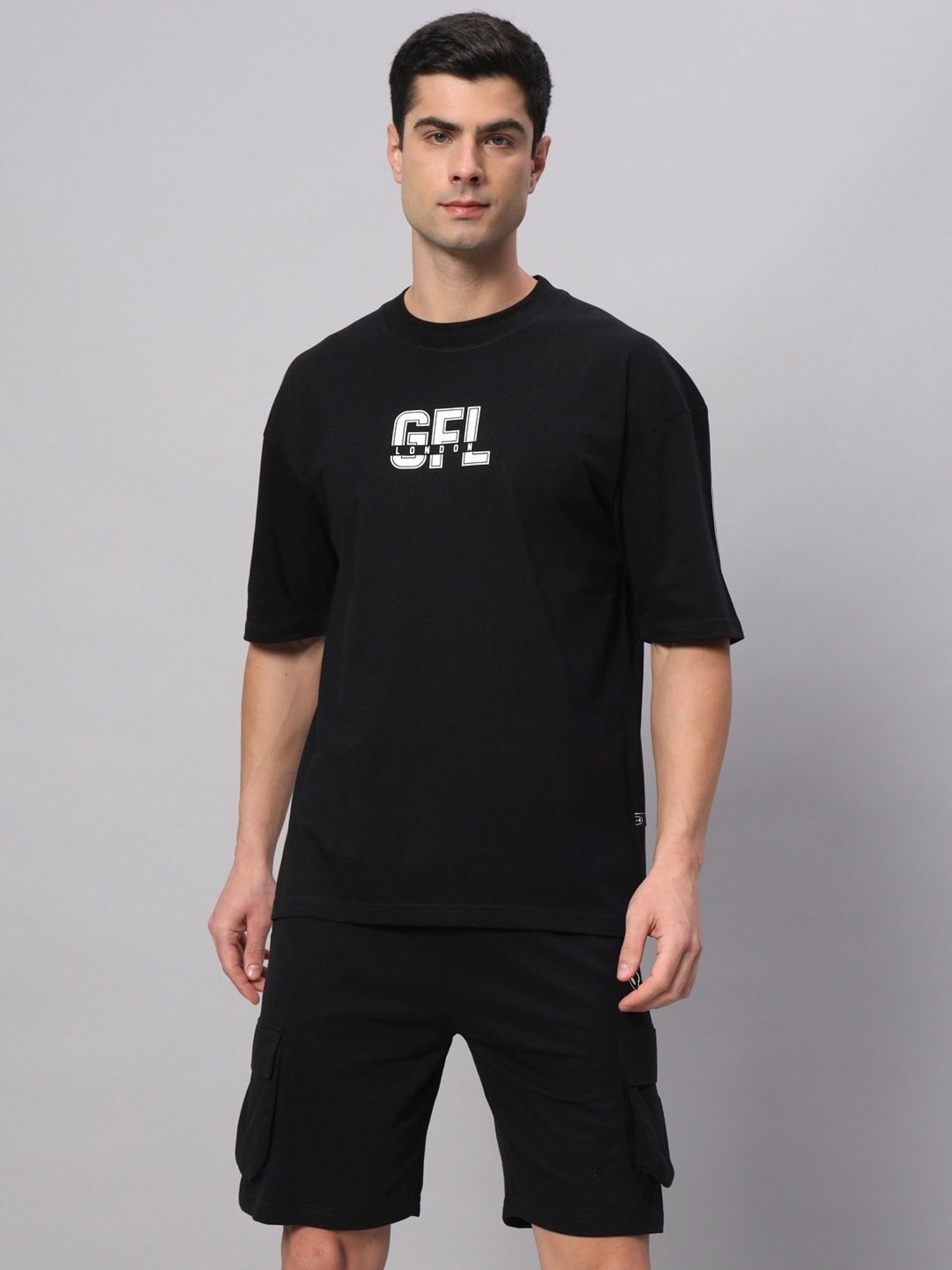 Griffel Black Cotton Loose Fit Logo Printed Co-Ord Set