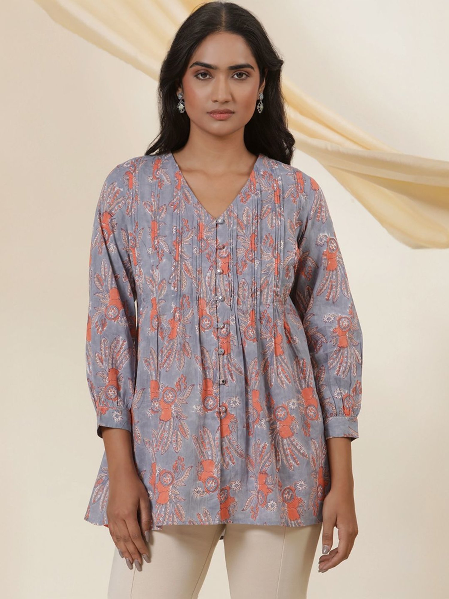 W Maximum Blue Cotton Printed Tunic
