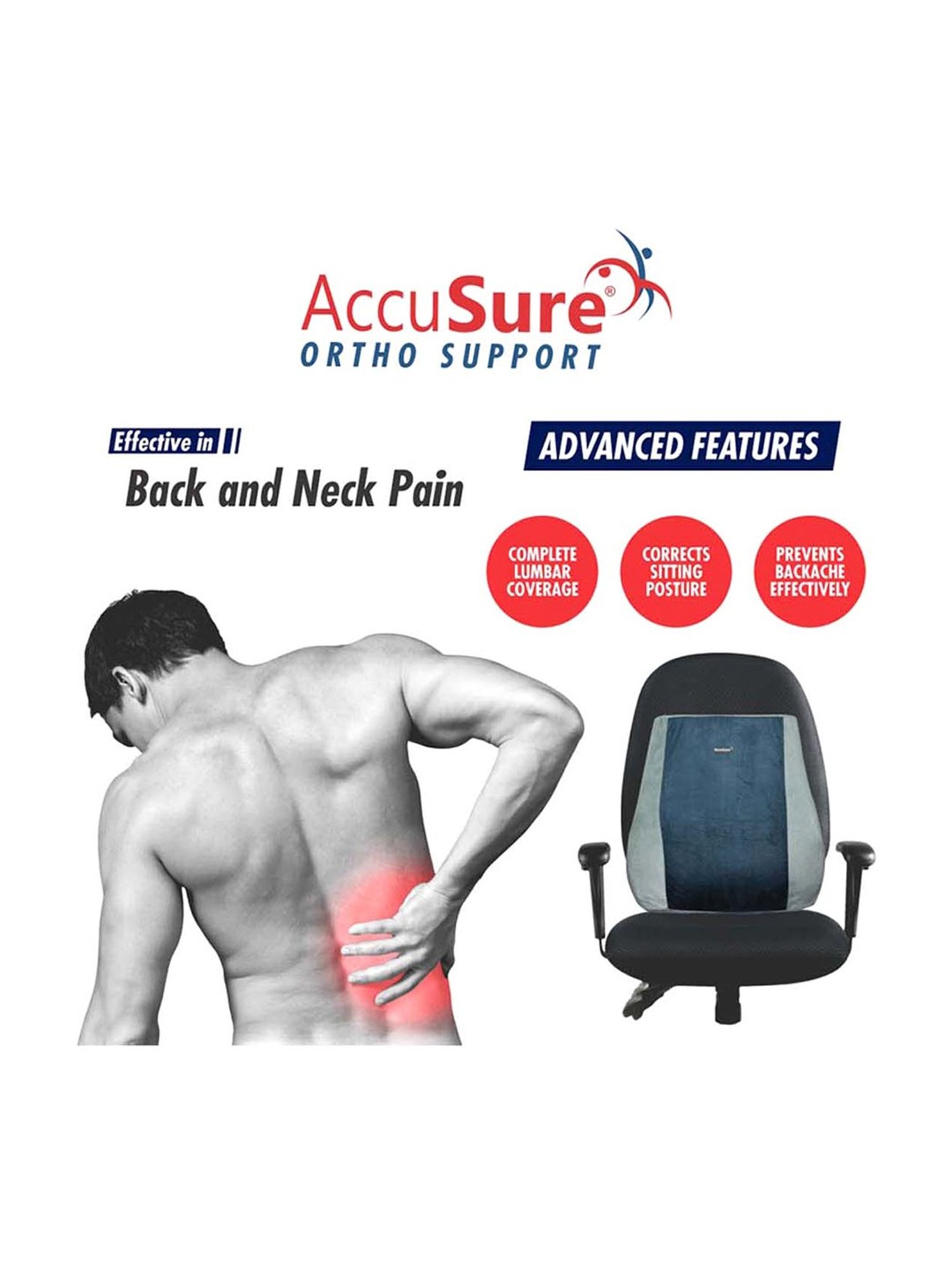 AccuSure Back Rest & Neck Pain Support Cushion helps to maintain the spine in its neutral position