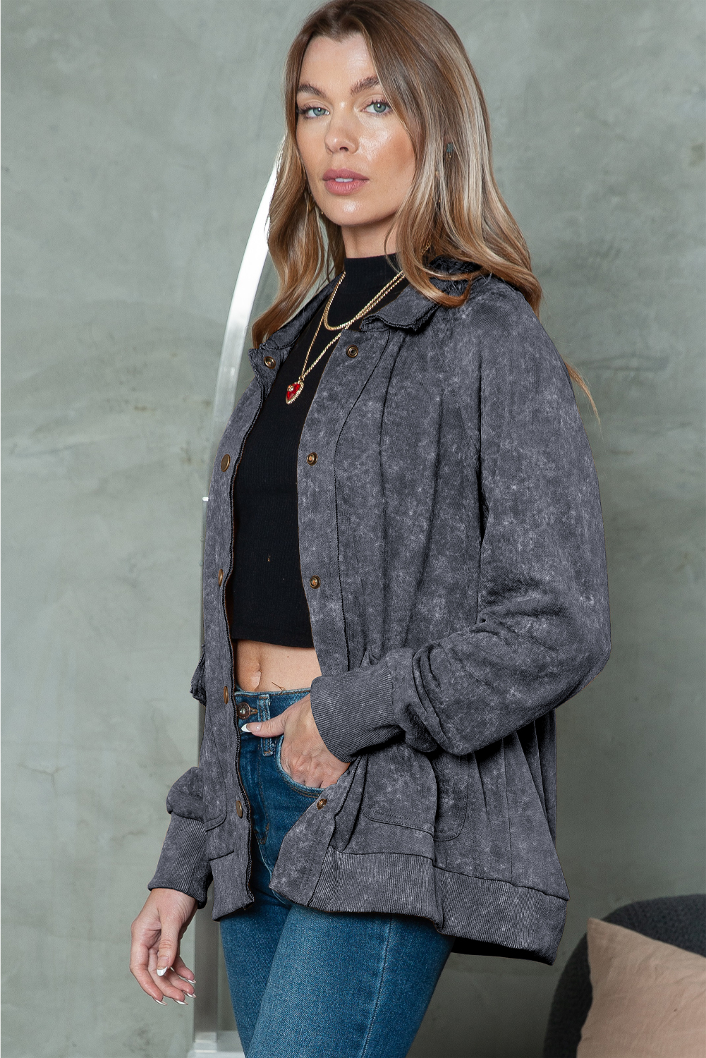 Gray Snap Button Casual Flap Pockets Washed Jacket