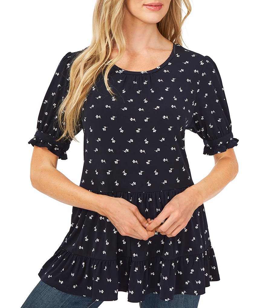 CeCe Round Neck Short Puff Sleeve Tulip Ditsy Babydoll Top