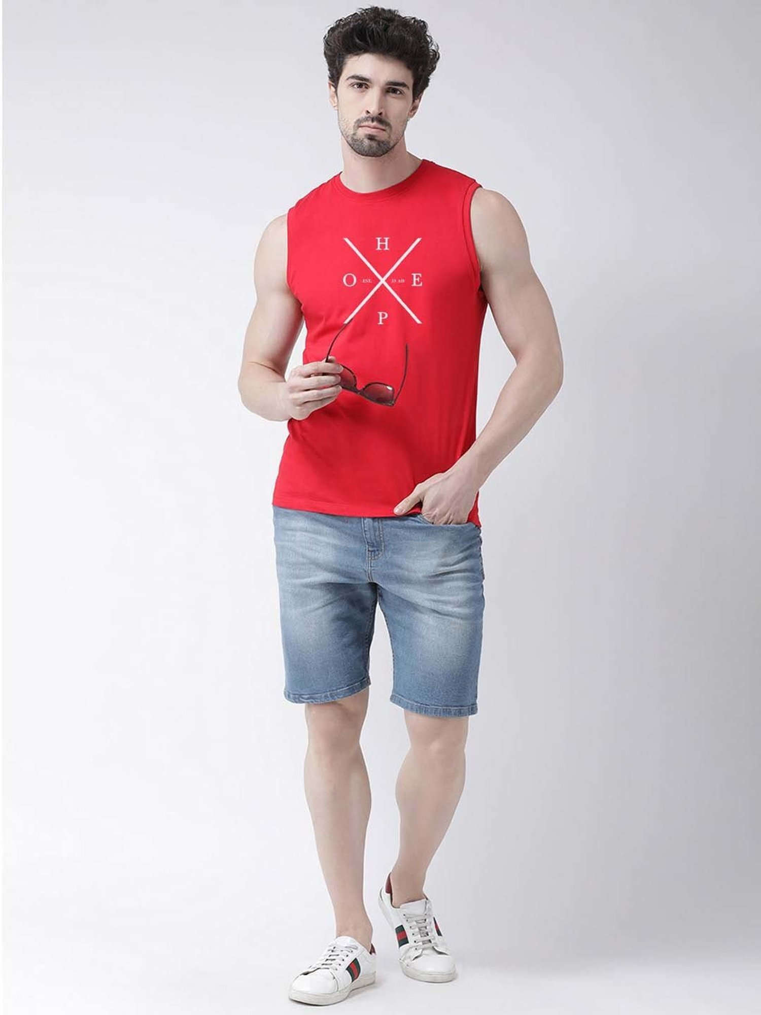 Friskers Red Slim Fit Sleeveless T-Shirt