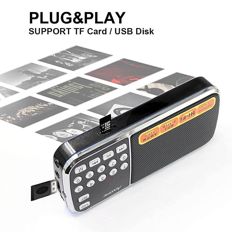 Mini Radio Portable AMFM  Rechargeable Radio High Powered Speaker Music Player Support Micro SDTF Auto Scan Save USB Transmit Data LED Display and Headphone Jack Function BM8 Black