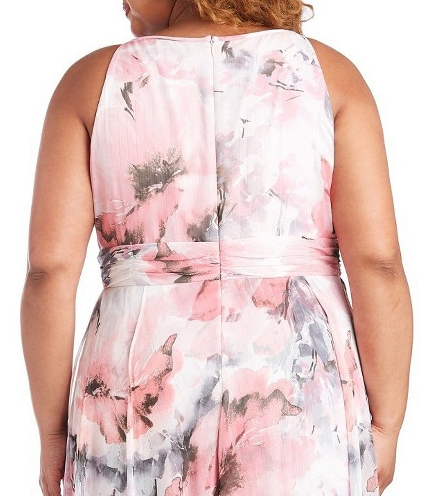 R & M Richards Plus Size Keyhole Neck Sleevless Floral Chiffon Maxi Dress